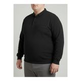 Erkek Sweatshirt Kazak Polo Yaka Düğmeli Selanik Dokuma Battal Boy Büyük Beden Siyah