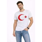 Erkek T-Shirt Kısa Kol Bisiklet Yaka Ay Yıldız Bayrak Baskılı Tişört - Beyaz - Beyaz / 2Xl