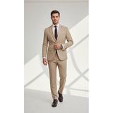 Erkek Takım Elbise - Slim Fit, Mikro Desenli Pamuklu Dokuma Ceket Pantolon Seti (Bej, 52)