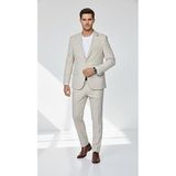 Erkek Takım Elbise - Slim Fit, Mikro Desenli Pamuklu Dokuma Ceket Pantolon Seti (Taş, 56)