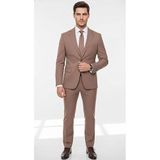 Erkek Takım Elbise - Slim Fit, Mikro Desenli Pamuklu Dokuma Ceket Pantolon Seti (Vizon, 52)