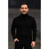 Erkek Tam Boğazlı Balıkçı Yaka Triko Kazak Kalın Fitilli - Siyah - 2XL