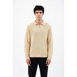 Erkek Tam Kalıp Düz Renk Polo Yaka Fermuarlı Uzun Kollu Triko Kazak - LP903 - Ekru - 2XL