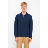 Erkek Tam Kalıp Düz Renk Polo Yaka Fermuarlı Uzun Kollu Triko Kazak - LP903 - Lacivert - 2XL