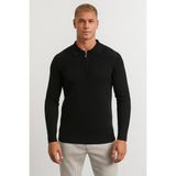 Erkek Tam Kalıp Düz Renk Polo Yaka Fermuarlı Uzun Kollu Triko Kazak - LP903 - Siyah - 2XL