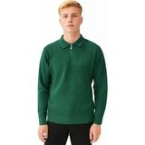Erkek Tam Kalıp Düz Renk Polo Yaka Fermuarlı Uzun Kollu Triko Kazak - LP903 - Yeşil - 2XL