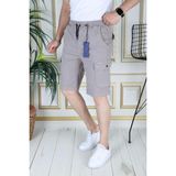 Erkek Taş Renk Likralı Gabardin Şort Kargo Cepli Pamuklu Beli Lastikli Bağcıklı Basic Şort - 30
