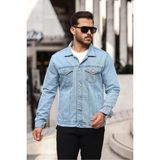 Erkek Trend Polo Yaka Slim Fit Denim Jeans Açık Mavi Kot Ceket - Kar Yıkama