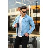 Erkek Trend Polo Yaka Slim Fit Denim Jeans Buz Mavi Kot Ceket - XL