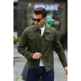 Erkek Trend Polo Yaka Slim Fit Denim Jeans Haki Kot Ceket