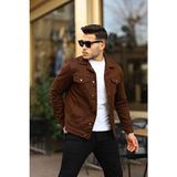 Erkek Trend Polo Yaka Slim Fit Denim Jeans Kahve Kot Ceket - Kahverengi - 2XL