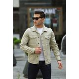 Erkek Trend Polo Yaka Slim Fit Denim Jeans Krem Kot Ceket - XL