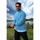 Erkek Triko Kazak Fermuarlı Dik Yaka - Mavi - 2XL