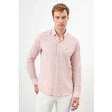 Erkek Turuncu Pamuk Çizgili-Panolu İtalyan Yaka Slim Fit Gömlek