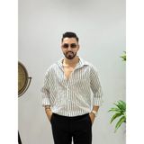 Erkek Uzun Kol Gömlek Olive Efektif Keten Oversize Çizgili Pamuk Keten Gömlek - Beyaz - 2XL