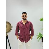Erkek Uzun Kol Gömlek Olive Efektif Keten Oversize Çizgili Pamuk Keten Gömlek - Bordo - 2XL