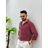 Erkek Uzun Kol Gömlek Olive Efektif Keten Oversize Çizgili Pamuk Keten Gömlek - Bordo - XL