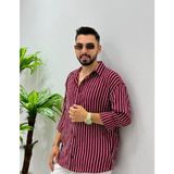 Erkek Uzun Kol Gömlek Olive Efektif Keten Oversize Çizgili Pamuk Keten Gömlek - Bordo