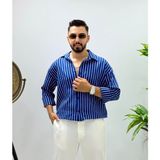 Erkek Uzun Kol Gömlek Olive Efektif Keten Oversize Çizgili Pamuk Keten Gömlek
