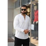 Erkek V Kesim Hakim Yaka Slim Fit Sade Tasarım Uzun Kollu Gömlek - Beyaz
