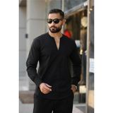 Erkek V Kesim Hakim Yaka Slim Fit Sade Tasarım Uzun Kollu Gömlek - XL - Siyah