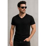Erkek V Yaka %100 Pamuk Kısa Kollu Siyah T-Shirt Tişört - 0 Siyah - 2XL