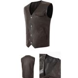 Erkek V Yaka Slim Fit Suni Deri Yelek, Kahverengi, Çıtçıt Kapamalı, Günlük Kullanım,%70 Elastan%30 Polyester Karışım (Koyu Kahverengi Suni Deri Yelek, L)