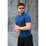 Erkek Viskon Kumaş Polo Yaka Desenli Tişört - Mavi - 3XL