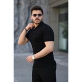 Erkek Viskon Kumaş Polo Yaka Desenli Tişört - Siyah
