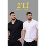 Erkek Waffle Dokuma Açık Yakalı Düğmeli Regular Kalıp 2’li Gömlek Seti - Siyah & Beyaz - Çok Renkli