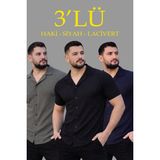 Erkek Waffle Dokuma Açık Yakalı Düğmeli Regular Kalıp 3’lü Gömlek Seti - Siyah, Haki, Lacivert - Siyah - Haki - Lacivert