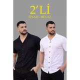 Erkek Waffle Kumaş Açık Yakalı Düğmeli Regular Fit Gömlek 2 Li Set Siyah-Beyaz