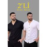 Erkek Waffle Kumaş Açık Yakalı Düğmeli Regular Fit Gömlek 2’Li Set Siyah-Beyaz