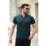 Erkek Yaka ve Kolları Çizgi Detaylı Fermuar Yakalı Kısa Kollu Tişört - Koyu Yeşil - 3XL