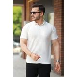 Erkek Yakalı Çizgi Desenli Kısa Kollu Tişört - Beyaz - Kahve
