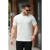 Erkek Yakalı Çizgi Desenli Kısa Kollu Tişört - Beyaz-Yeşil - 2XL
