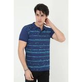 Erkek Yakalı Slim Fit Pike Çizgili T-shirt - Mavi Xl