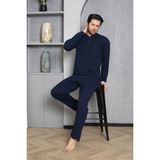 Erkek Yakası Düğmeli %100 Pamuklu Mevsimlik Örme Penye Uzun Kollu Pijama Takımı - Lacivert - 2XL