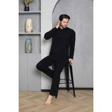 Erkek Yakası Düğmeli %100 Pamuklu Mevsimlik Örme Penye Uzun Kollu Pijama Takımı - Siyah - 2XL