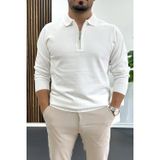 Erkek Yarım Fermuarlı Düz Desen Polo Yaka Kazak Beyaz Edw424