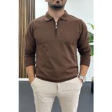 Erkek Yarım Fermuarlı Düz Desen Polo Yaka Kazak Kahverengi Edw424