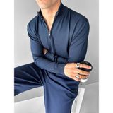 Erkek Yarım Fermuarlı Polo Yaka Kazak Lacivert - XL