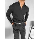 Erkek Yarım Fermuarlı Polo Yaka Kazak Siyah - 2XL