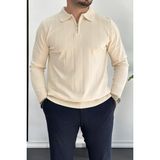 Erkek Yarım Fermuarlı Polo Yaka Mevsimlik Kazak Krem EDW195 - 2XL