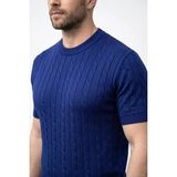 Erkek Yazlık Triko Dokuma Tişört Kısa Kol Bisiklet Yaka Örgü Desenli T-Shirt - Lacivert - 2XL