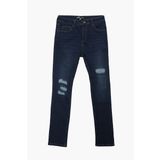 Erkek Yırtık Detay Likralı Skinny Fit Koyu Mavi Jean Pantolon