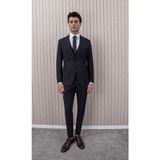 Erkek Yünlü Slim Fit Sivri Yaka Yelekli Takım Elbise - 48 - Lacivert