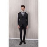 Erkek Yünlü Slim Fit Sivri Yaka Yelekli Takım Elbise - 50 - Siyah