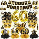 Erkekler Kadınlar için 36 Adet 60. Doğum Günü Dekorasyon Seti, Siyah Altın Mutlu 60 Doğum Günü Afiş Balonlar Petek Orta Parça Asılı Swirls Kiti Parti Malzemeleri, Altmış Yaşındaki Bday Tavan Masa Üstü