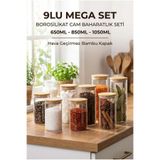 ERKUGO 9'lu Vakumlu Bambu Kapaklı Cam Baharatlık Seti - 3'er Adet 650ml / 850ml / 1050ml Mega Baharatlık